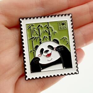Cute Panda Bamboo Postage Stamp Style Soft Enamel Pin Kawaii Badge